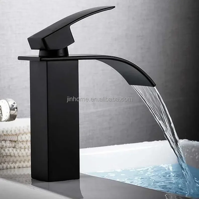 Black Waterfall Basin Mixer Faucet Single Handle Hot Cold Sink Water Tap Deck Mounted Bathroom Taps And Mixers