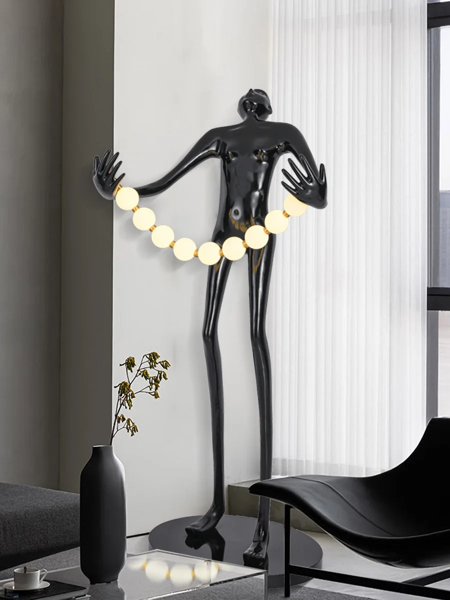 Led Character Floor Lamp With Glass Body And Black/white Shade Sculpture Art For Office Hotel Living Room Table