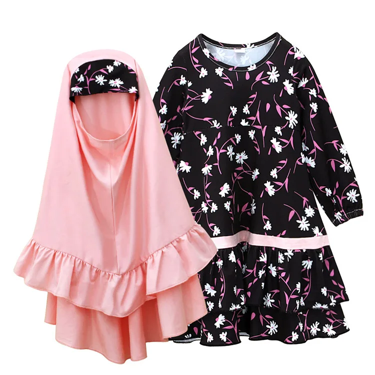 Best Quality 2023 Promotion Hijab Dress Muslim Islamic Clothing Floral Printed Khimar Abaya 2 Piece Kids Abaya For Girl