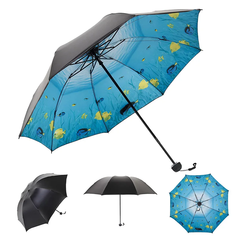 Creative Ocean cartoon vinyl folding triple fold umbrella wholesale plastic handle double triple folding rain buy umbrella