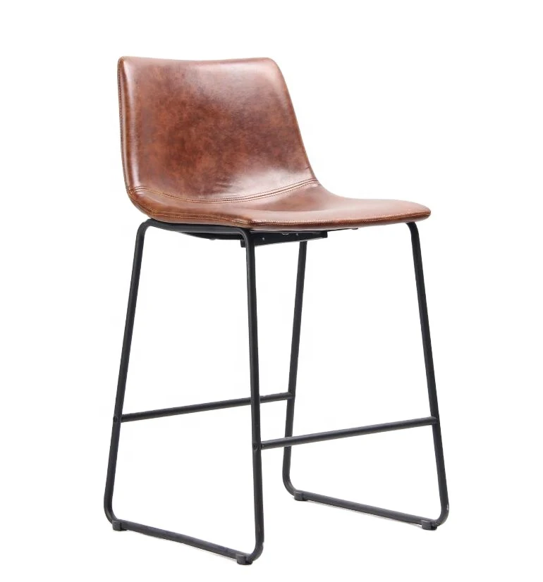 2021 New Mid Century Modern Style Brown Leather Bucket Seat Black Metal Base Dining Chairs