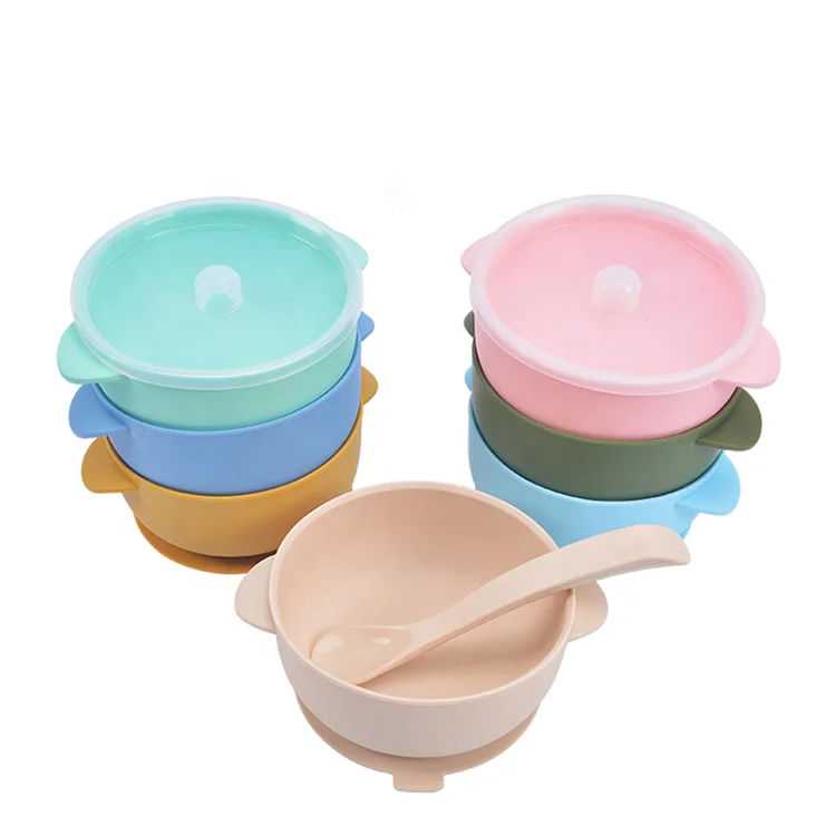 New Design Custom Food Grade Bpa Free Eco Small Baby Bowls Feeding Set Silicone Suction Baby Food Bowl With Lid  For Baby