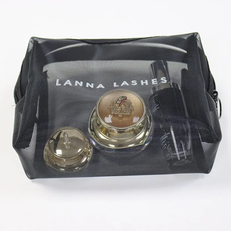 Оптовая продажа, многоразовая черная нейлоновая косметичка на молнии с логотипом на заказ