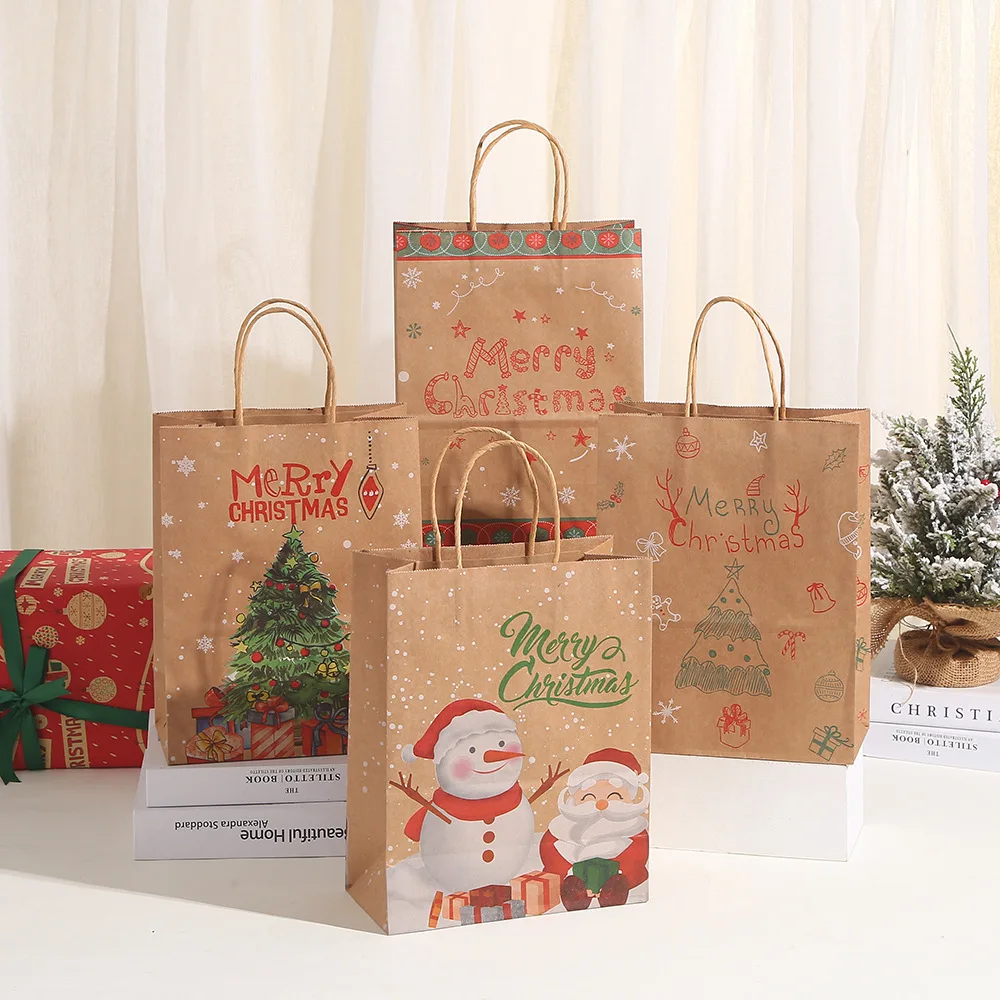 Merry Christmas Gift Kraft Bags Brown Kraft Paper Bags with Santa Claus Printed Design Coffee Snack Packaging Christmas Gifts