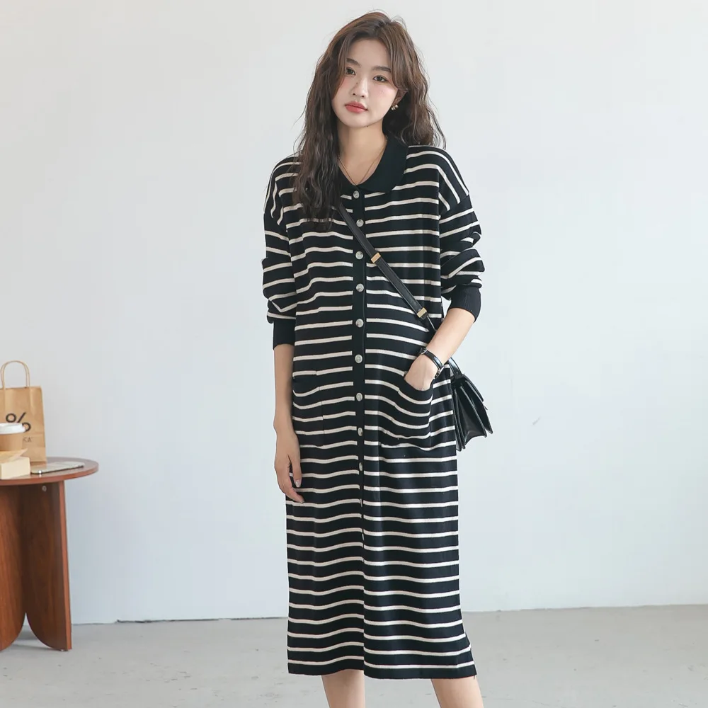 Autumn new maternity dress fashionable fashionable POLO collar striped dress mid-length fashionable hot mom knitted open dress