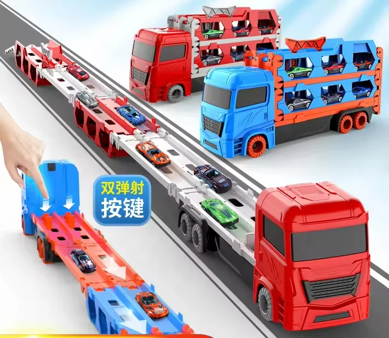 Portable Race Track Truck Toy 3 Layer Truck Toys for Boys Folding Storage Car Carrier with 6 Metal Car Gift for Kids unisex