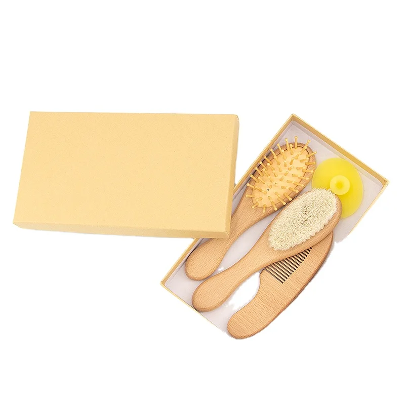 Custom Logo100% Natural Wood Eco-friendly Wooden Handle Brush Soft Goat Hair Baby Brush Set