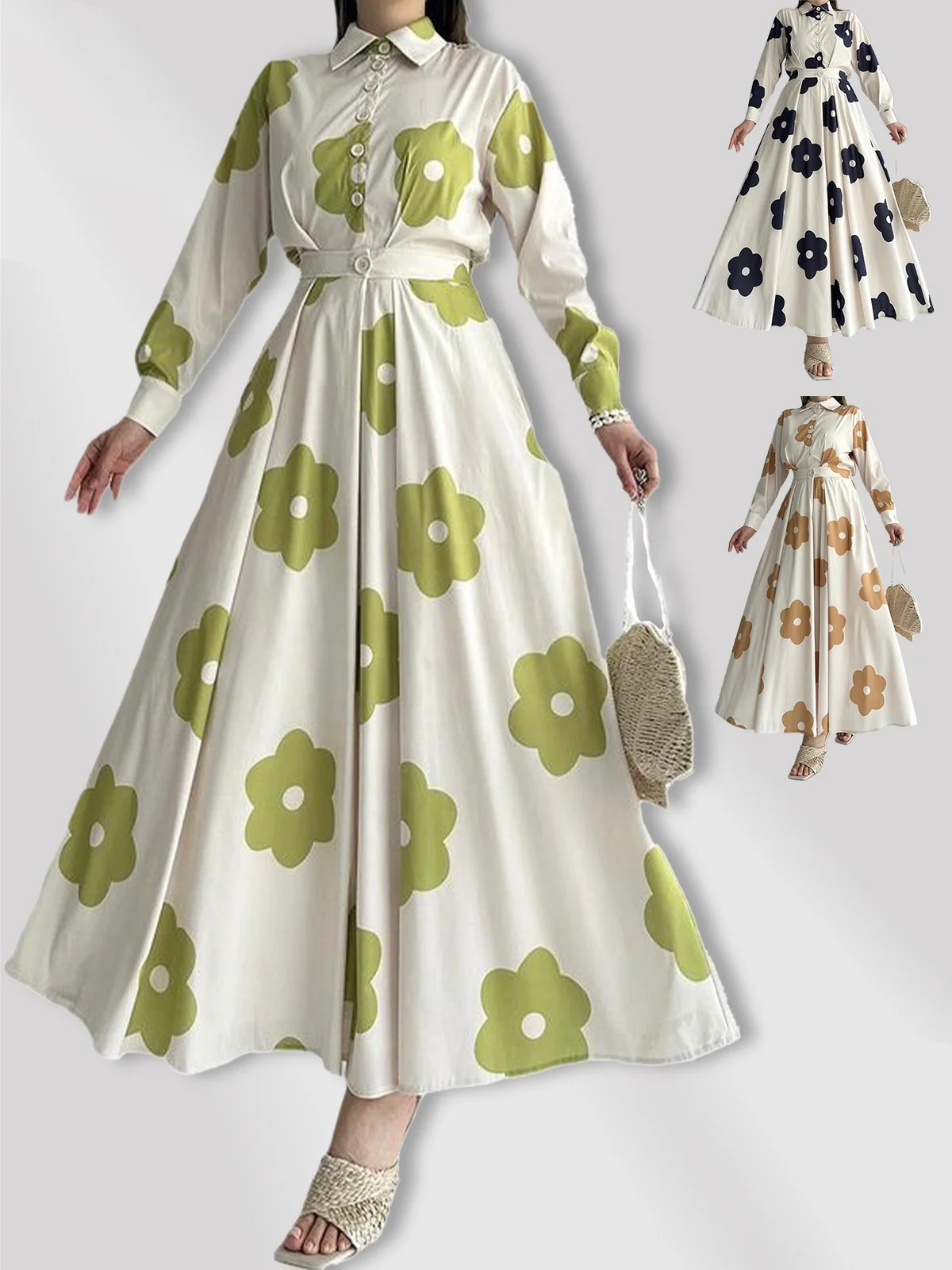 European And American Collar Printed Long Skirt Autumn High Waist Slim Fit Elegant Long Sleeved Dress