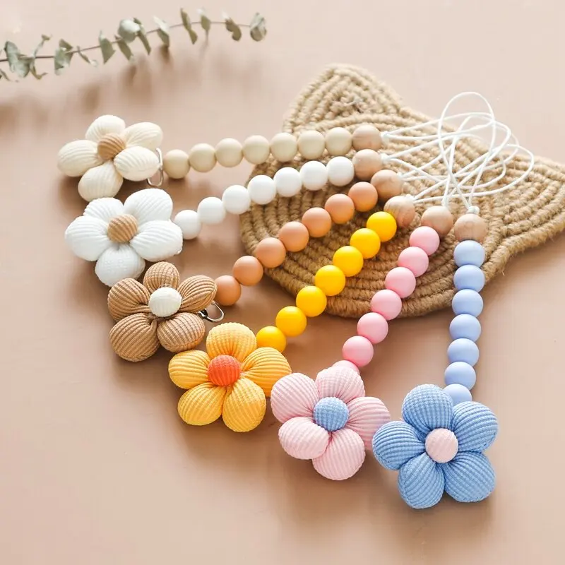New Baby Pacifier Flower Pacifier Chain Stainless Steel Buckle Baby Can Chew Silicone Pacifier Chain Anti Drop Hanging Rope