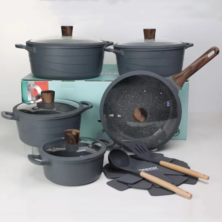 Modern 15Pieces None Stick Cooking Pot Set Kitchen Wear White Black Grey Granite Nonstick Aluminum Cookware Set