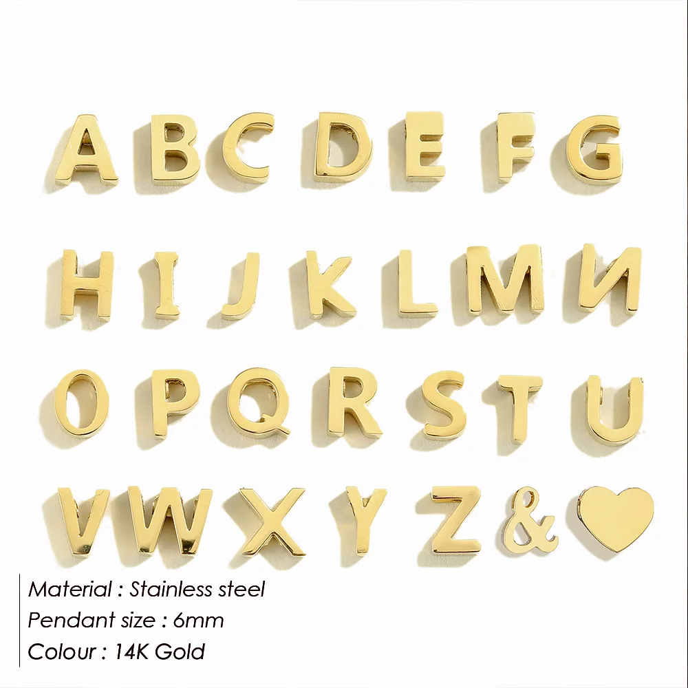 14K Gold Plated Stainless Steel Cute 6mm Alphabet Link Charms Metal A-Z Letter Pendants Small Heart Charms for Jewelry Making