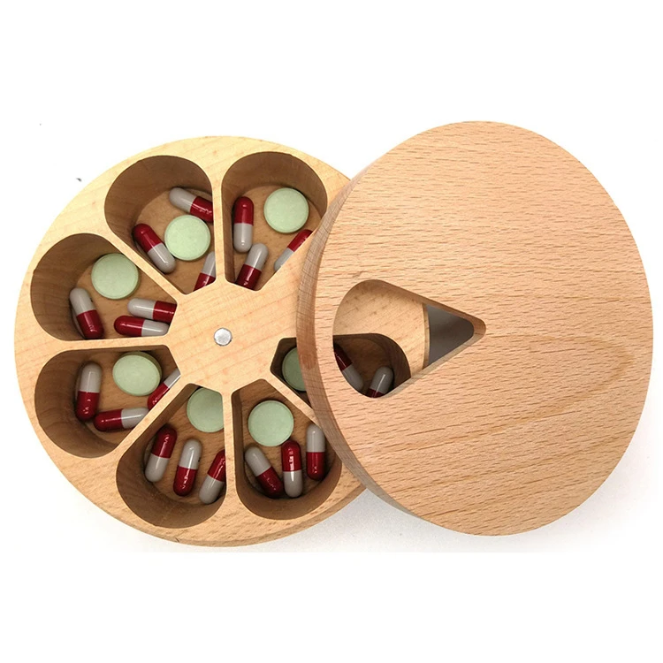 Wood Daily Weekly Medicine Pill Organizer Round Beech Case Box with Rotatable Cover for Vitamin Salt Spice Earring Ring Jewelry