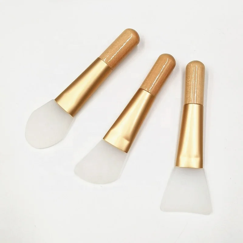 Custom Vegan Natural Wooden Mini Short Handle 10cm Gold Small Silicone Brush for Facial Mask Clay Mask Applications