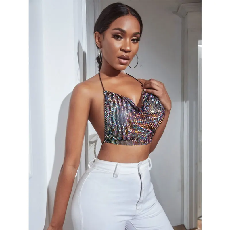2022 Women Club Party Sparkly Crop Top Luxury Crystal Rhinestone Metal Chainmail Halter Draped Tank Tops