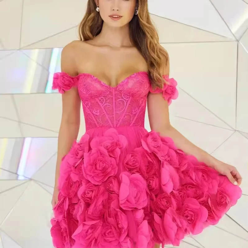 2024 new fashion rose 3D flowers sexy one-line collar flower fairy princess dress hot sweetheart birthday party dress