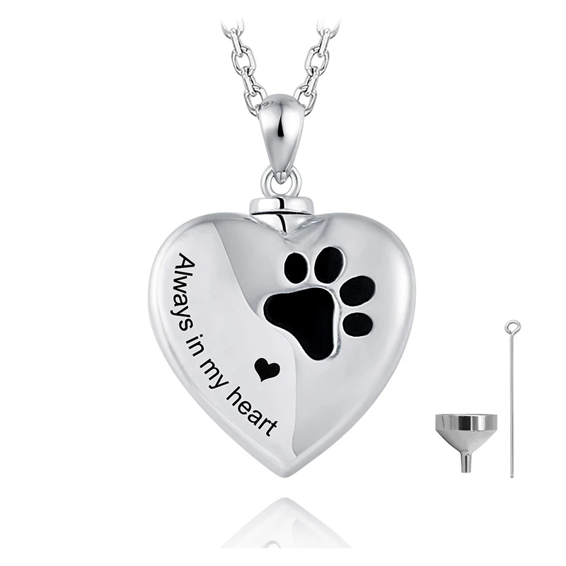 Engraved Forever in My Heart 925 Sterling Silver Paw Urn Pendant Necklace for Dog Pets Ashes
