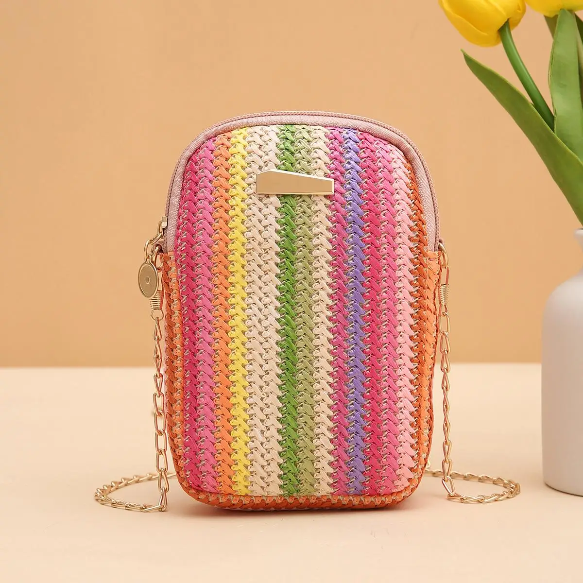 All Girls Crossbody Rainbow Color Straw Bag 2024Girl Handbags Woven Mobile Phone Bag