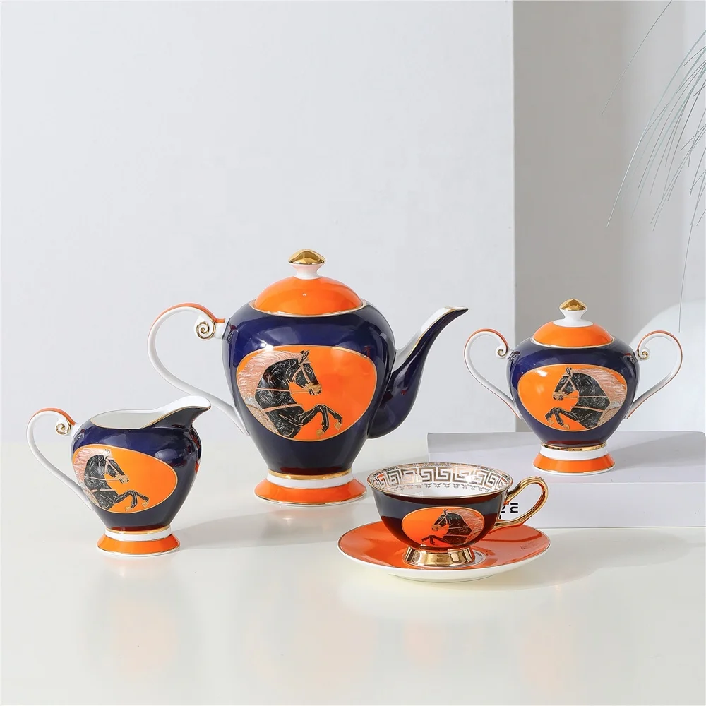 JIABAIEN Royal style 15pcs bone China tea set horse decal colorful design teapot tea cup set custom ceramic coffee set for gift