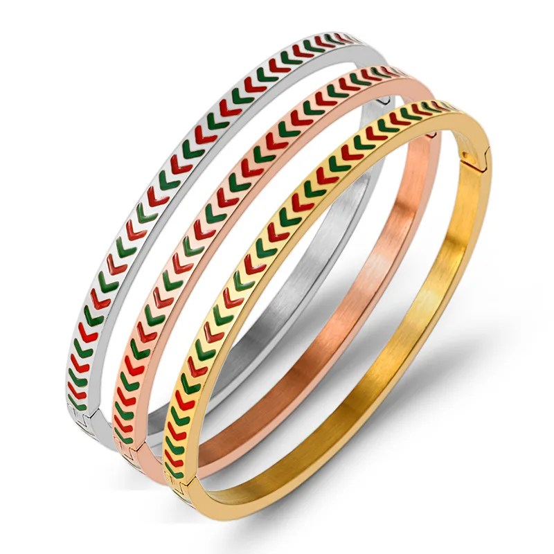4MM Wholesale Fashion Hand Cuff Bracelet Jewelry Gold Plated Stainless Steel Metal Cuff Red Green Enamel Arm Bangle Women Girls