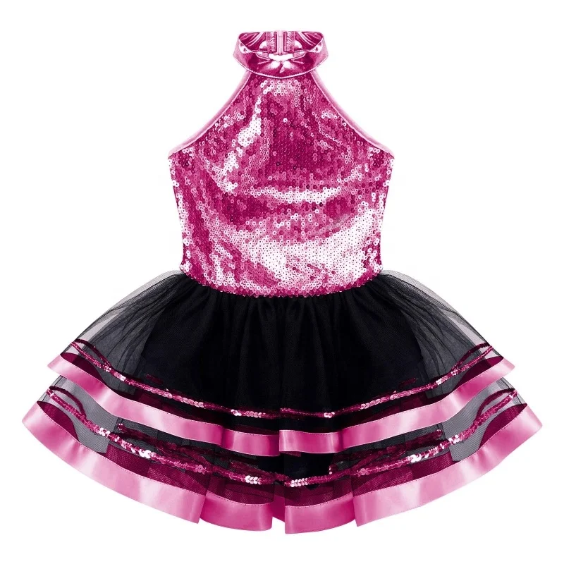 4-16 Kids Dance Costume Girls Stylish Clothing Sleeveless Round Sequins Tutu Mesh Dance Dress
