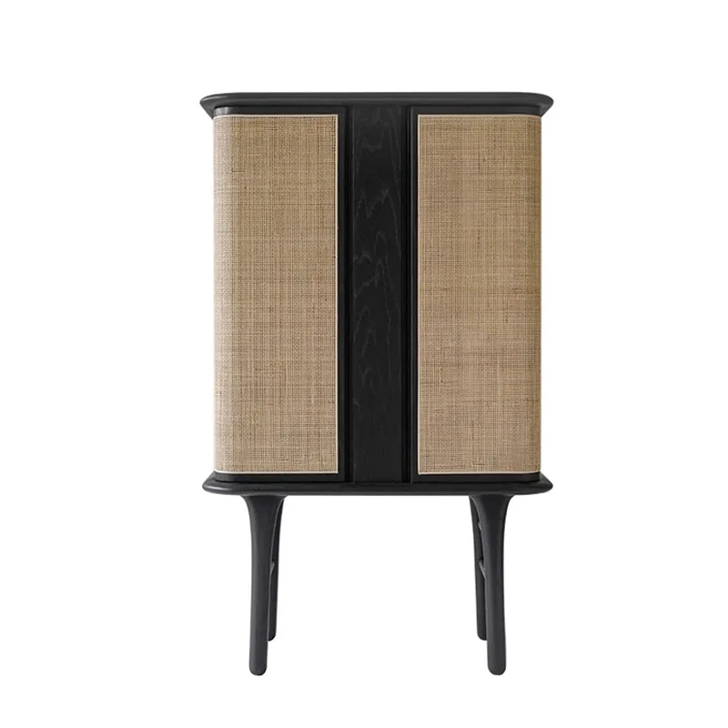 Modern high end ash solid wood storage cabinet living room walnut wood color  wine cabinet real rattan black double door cabinet