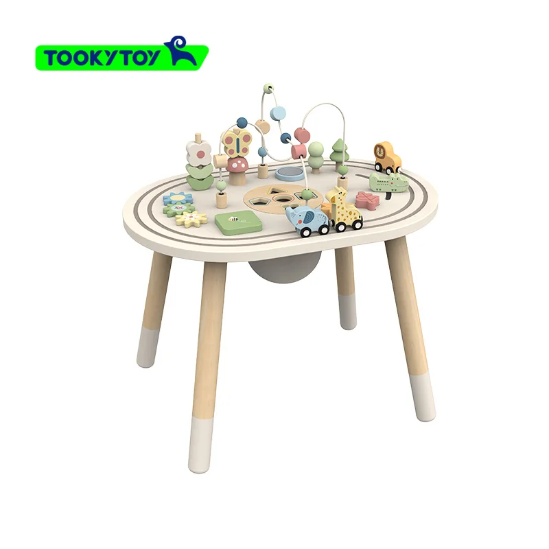 Wooden Activity Table Circles Bead Wire Maze Sequencing Toy Animal Geometric Matching Games for Kids