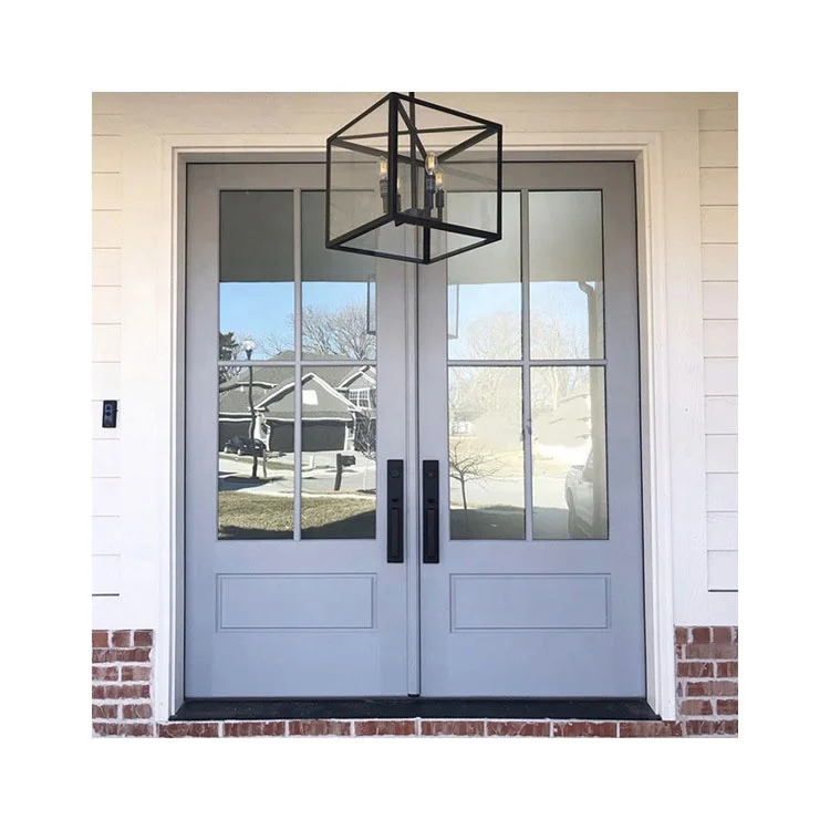 Exterior door Modern wooden double panel swing type security front door bright European style double glass door