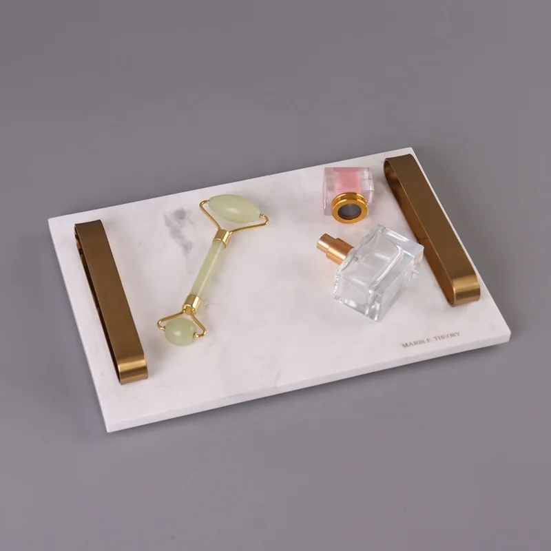 Factory Price Custom Size Vanity Perfume Organizer Gold Handle Home Bar Decorative White Rectangle Marble Makeup Storage Tray