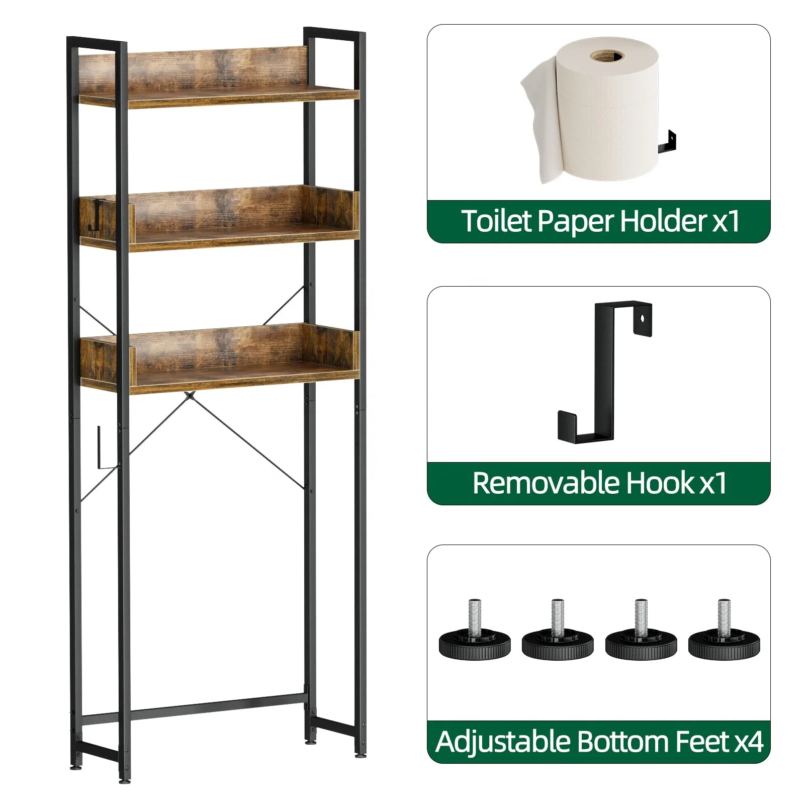 3 Tier Bathroom Toilet Shelf Bathroom Organizer Over Toilet Storage Rack Space Saver Above Toilet Shelves with Hooks
