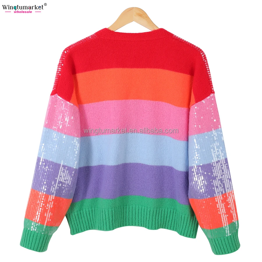 Holiday striped sequins knit sweater button sparkle rainbow custom sequin oversized knitted cardigan sweaters for women