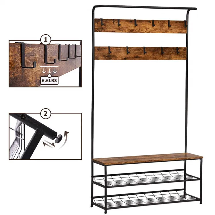 Metal Frame Hall Tree Stand Industrial Hallway Coat Tree Wooden Coat Rack With Shoe Storage