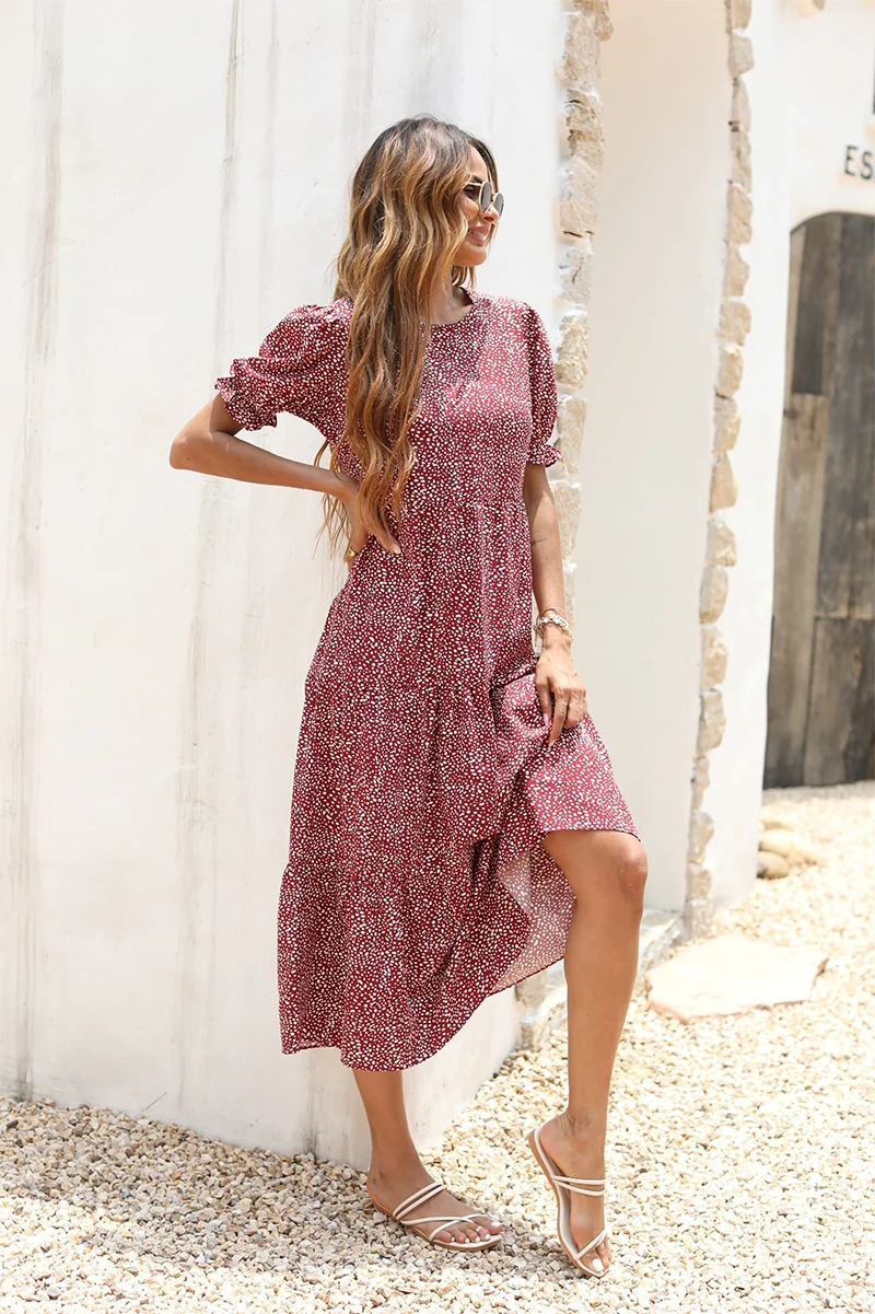 fall 2021 women clothes elegant floral casual puff sleeve high waist midi party dress woman long prom ladies fashion dresses