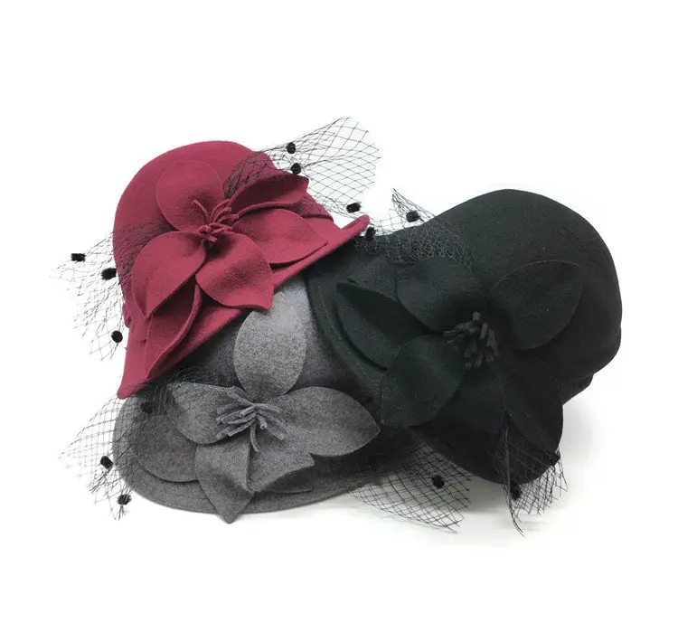 New Fashion 100 Wool Felt Bucket Hat Women Cloche Hats Lady Church Wedding Dress Women wool Felt Hats With Flower Bow Sun
