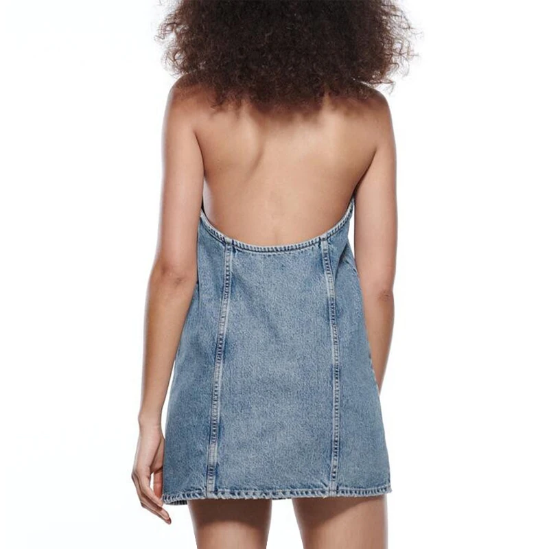 High quality women casual fashion design blue summer halter neck denim dress