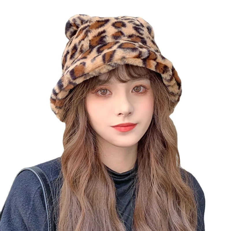 Autumn Winter Cap for Women Faux Fur Bucket Hats Cow Print Plush Velvet Warm Panama Fisherman Hats Fur Bucket Hat Cap