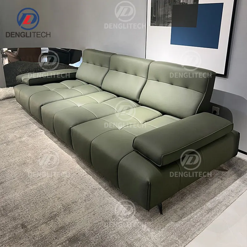 Italian Minimalist Genuine Leather Electric Sofa Living Room 3 Seater Power Backrest Adjustable Functional Retractable Sofa Bed