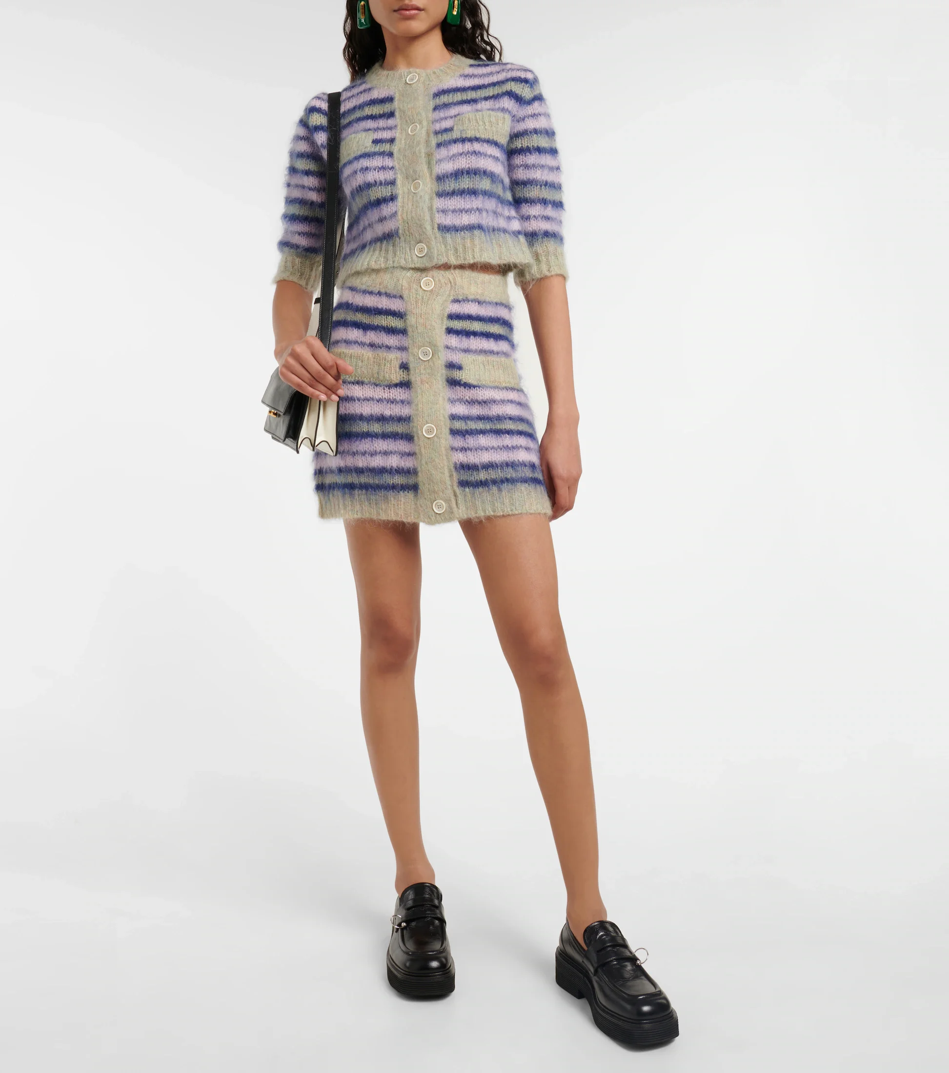 Kingsun OEM ODM custom design mohair wool blended fuzzy  knitted striped button A line knitted short mini skirt