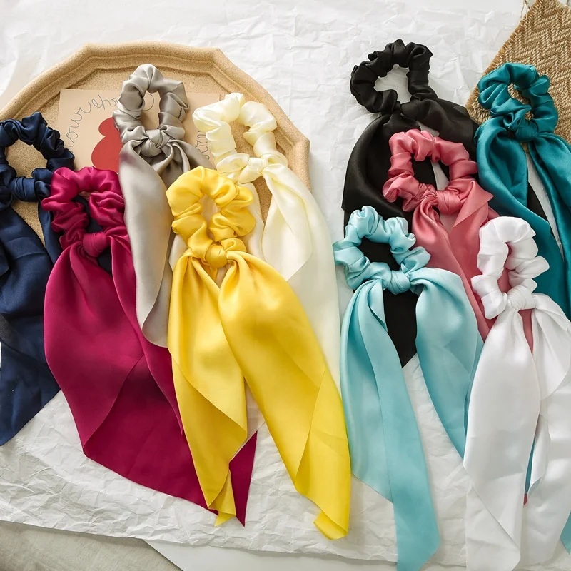 New Solid Color Knotted Satin Large Elastic Girls Ponytail Holder Long Scarf Scrunchies Hair Band