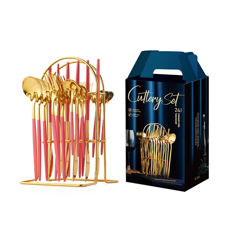 Shopee Hanging Stainless Steel Spoon& Fork Knife Set 24pcs Gold Cutlery Flatware Set With Stand