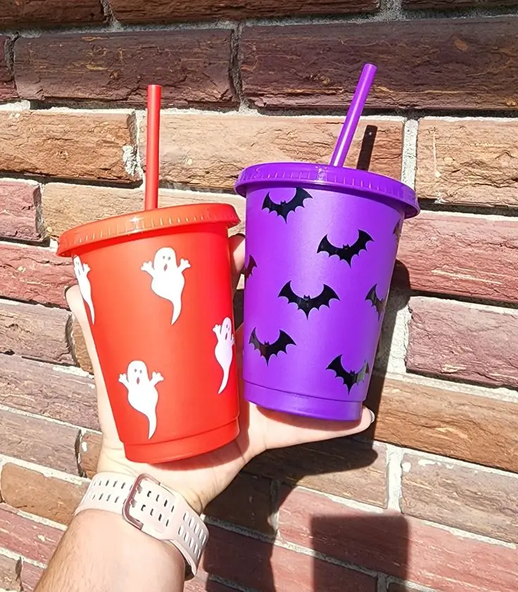 Colorful Halloween Ghosts | Reusable Cold /Hot Plastic Cup with Lid & Straw With  All Customization