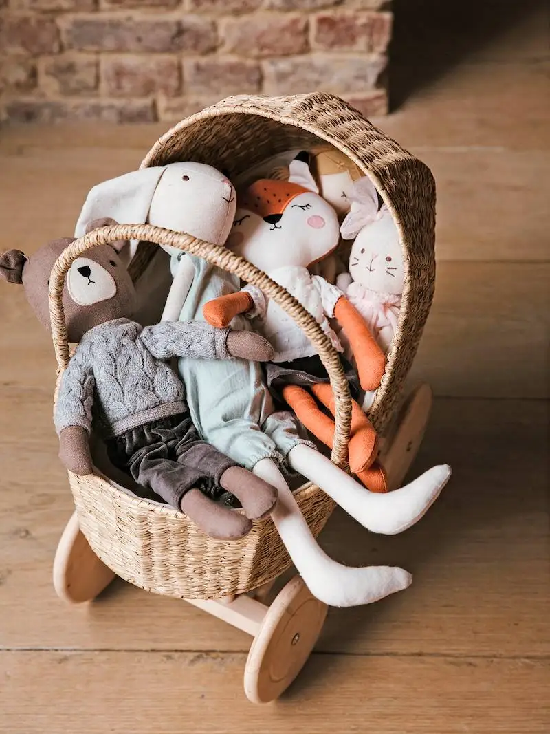 High Quality Rustic Seagrass Pram Basket Doll Stroller Trolley For Kids Wicker Shopping Basket Wholesale Supplier