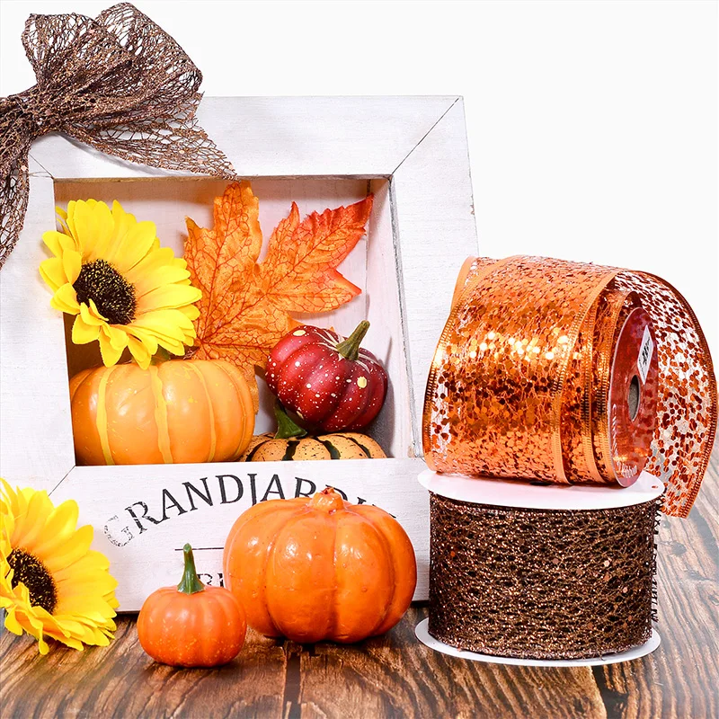 YAMA Gold Sequin Glitter Mesh Wired Edge Ribbon For Gift Boxes Packing Holiday Decoration 2.5inch  10Yard/Roll