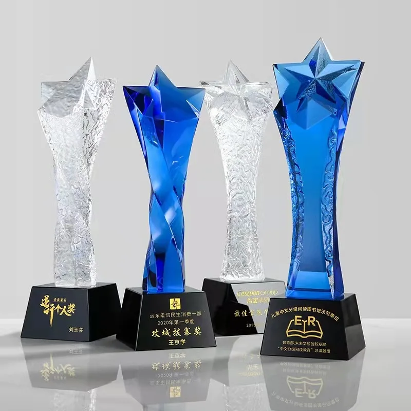 Crystal trophy colorful five-pointed star twisted pillar award souvenirs company school sports event reward engraved with names