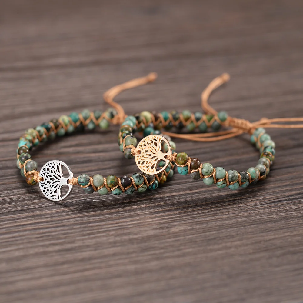 
2021 New Hot Sell Vintage Leather Bracelets Natural African Turquoise Stone Wrap Bracelets With Tree Charm 