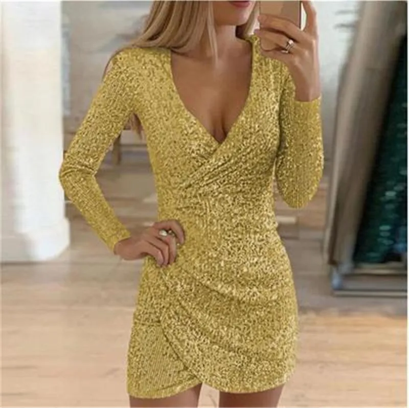 Sexy Silver Glitter Dresses for Women   Deep V-Neck Sequin Mini Bodycon Dress Autumn Winter Long Sleeve Party Dress T R1200