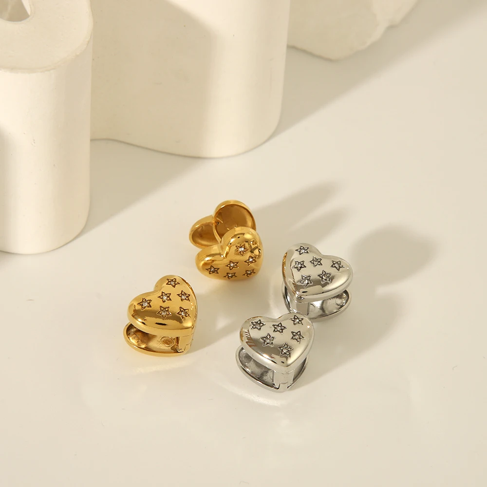 French Stainless Steel Love Ear Clip Double Face Insert Zircon Earrings 18k Gold Plated Heart Ear Cuff Earrings Set