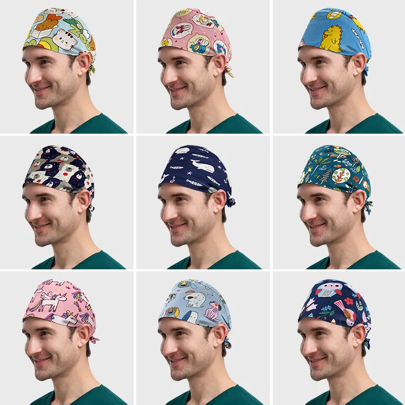 Eco-Friendly Breathable Cotton Surgical Caps Scrub Hats for Beauty Salons Pet Hospitals Dentist Nurses with Printed Pattern