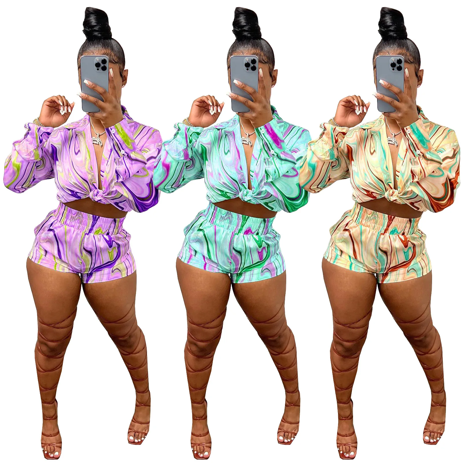 2022 Fall Women Long Sleeve Blouses Shirts Ladies Two Piece Pants Set Printed Blouses Shirt Women 2 Piece Short Set Clothing