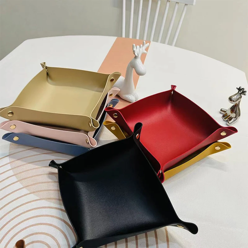 Nordic PU Leather Storage Box Desktop Storage Tray Jewelry Cosmetic Key Stuff Storage Basket Folding Table Organizer Case