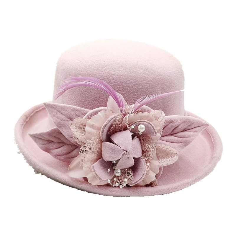 New fashion Wholesale  custom wool felt fedora flower bucket hat for women